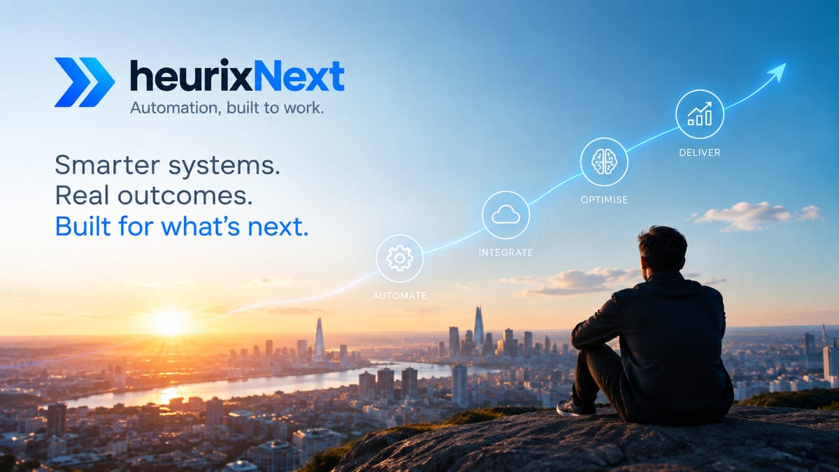Smarter systems. Real outcomes. Built for what's next. The heurixNext delivery path rises from Automate to Integrate to Optimise to Deliver over a city skyline at sunrise.